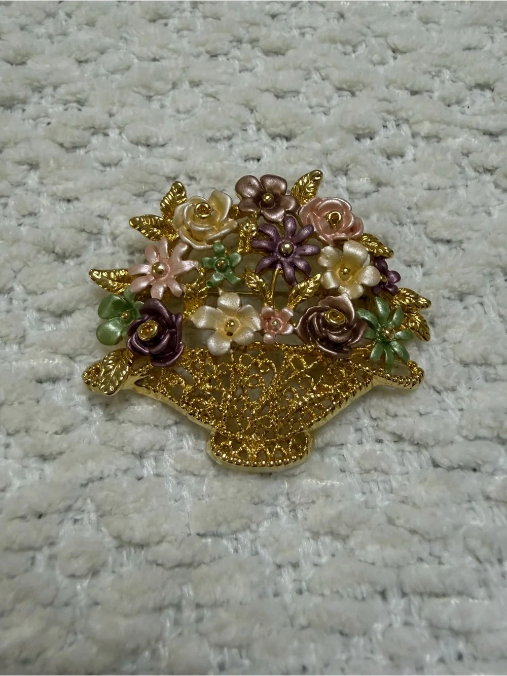 Vintage Flower Basket Brooch Pin Gold Toned